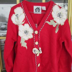 Storybook Knits Red Floral Gardenia Embellished Cardigan Size S Small NWOT